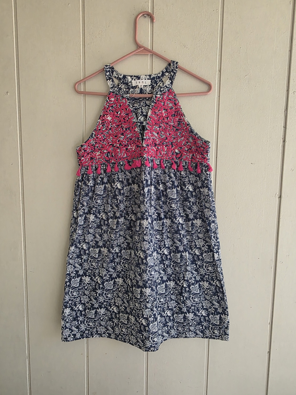 THML Floral Embroidered Tunic Dress Womens XS Tassel Trim Halter Babydoll Tank